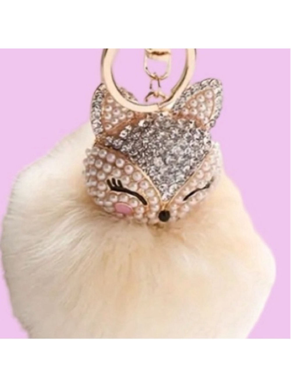 NEW Fluffy Fox Bag Charm Keychain - Cream - Pearl & Rhinestone Pom Accessory NWT - Picture 2 of 4